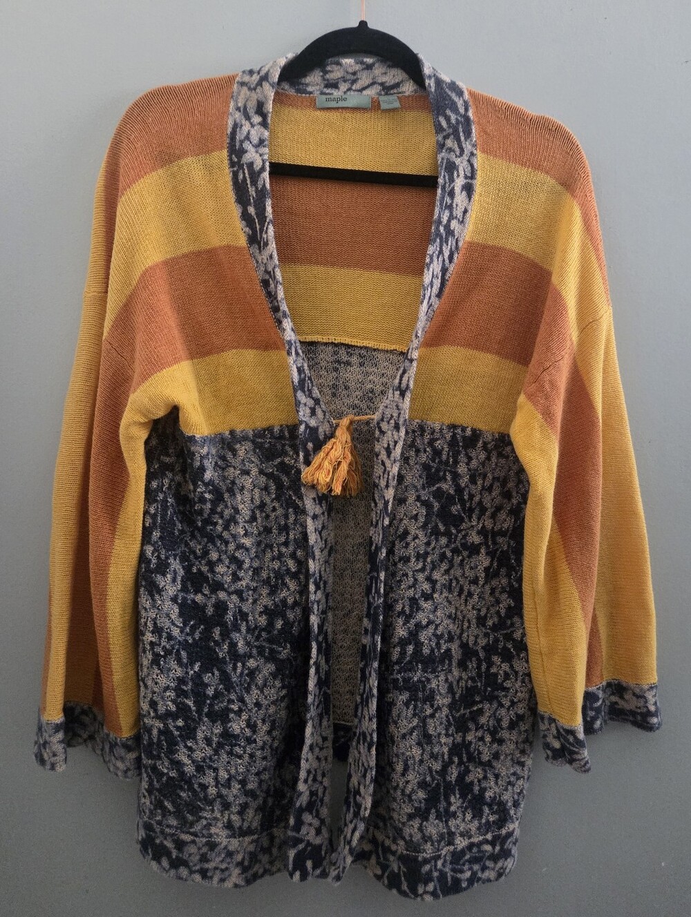 Anthropologie Linen Blend Cardigan Medium Mustard Orange Mixed Print Tassel Boho